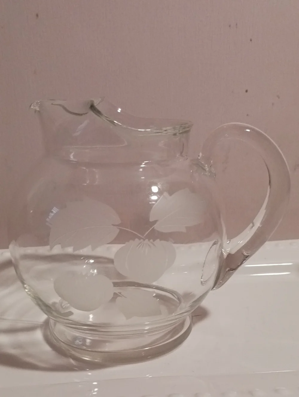Elegant!⚜️ Etched Glass Mini Pitcher with Fruit & Leaf Motif